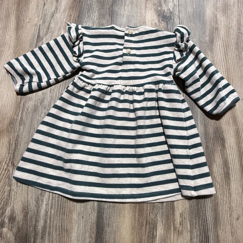 Baby Bean's Barcelona Green Striped Ruffle Shoulder Dress 12-18M Made in Spain